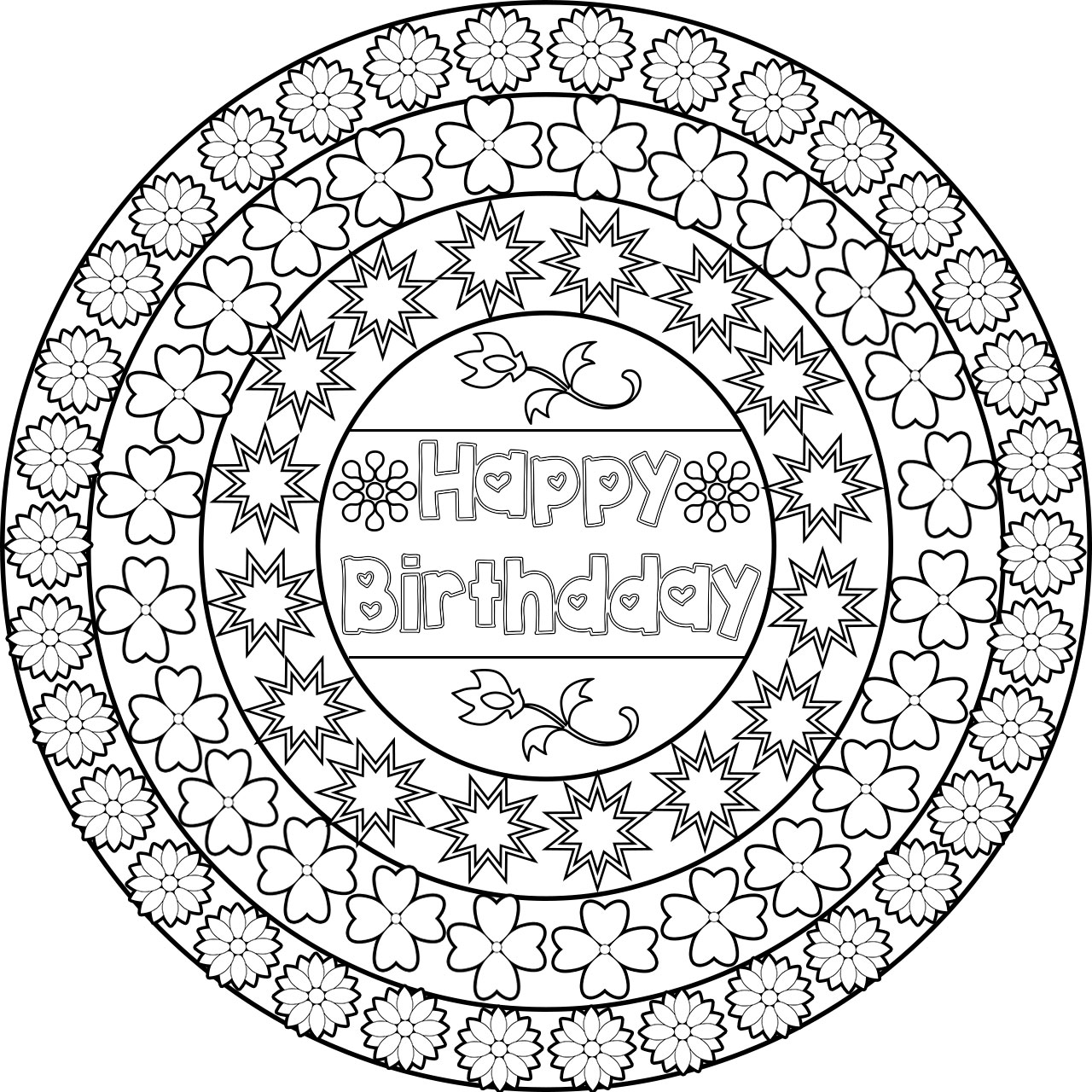 Birthday Mandala Coloring Pages with many circles and design of stars.