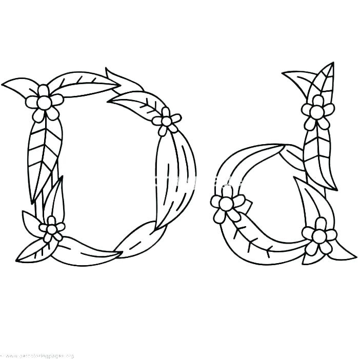 Letter D Coloring Pages with leaves text